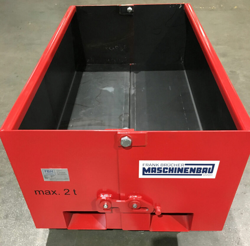 Schrottbox-mit-Klappboden Schrottbox mit Klappboden, Schrottbox mit Schwenkboden, Gabelstaplerentleerung, Gabelstaplerhandling, Schrottbox für Gabelstapler,